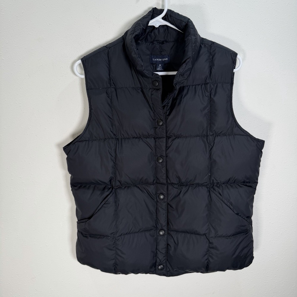 LANDS' END Down Vest Womens Size Medium Black Snap Up Lightweight Puffer Jacket